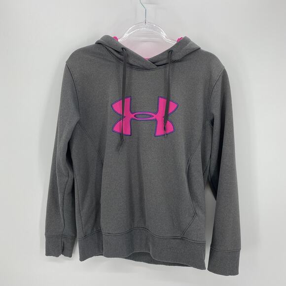 UNDER ARMOUR Women's Sweatshirt Size M Fleece Big Logo Grey Pullover Hoodie - Picture 1 of 5